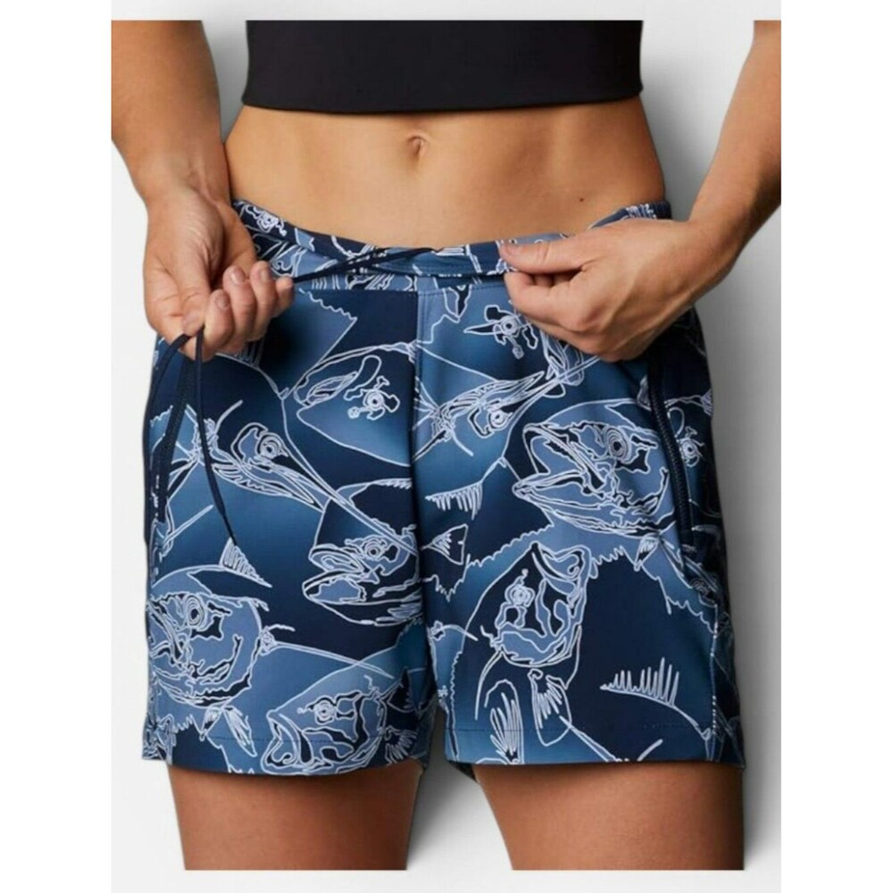 Columbia PFG Tidal II 3 Inch Shorts Womens Large Blue Fish Print Performance